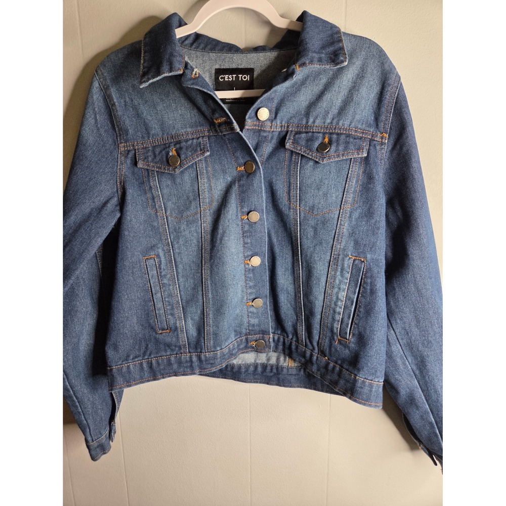 C'EST TOI Womens Medium Wash Denim Trucker Jacket Blue Size Large L Button Up